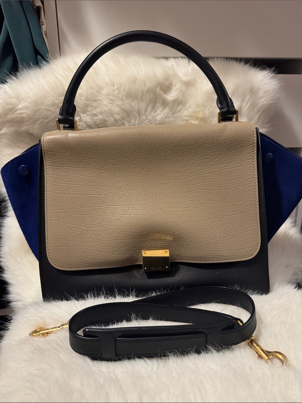 Authentic Celine Trapeze Satchel in Beige, Black & Blue